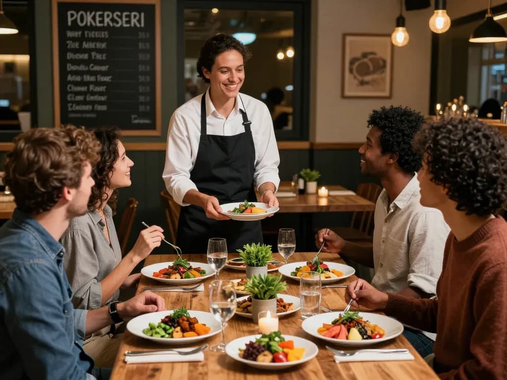 Engaging dining atmosphere at POKERSERI with patrons and vibrant dishes.