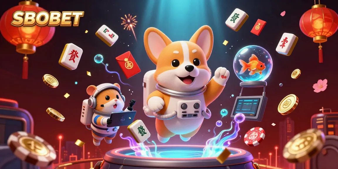 Experience SBOBET with a 3D astronaut corgi gaming in a vibrant casino atmosphere.
