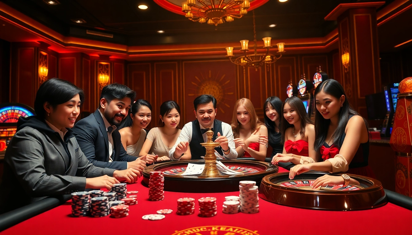 Experience the excitement of GA888 with gamblers engaging at luxurious casino tables and vibrant slot machines.