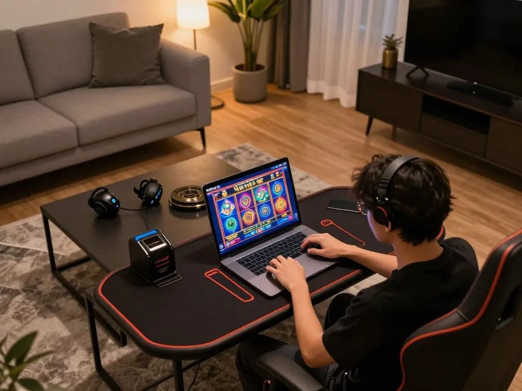 Engaging in online สล็อต gaming with modern laptop in cozy home setup.