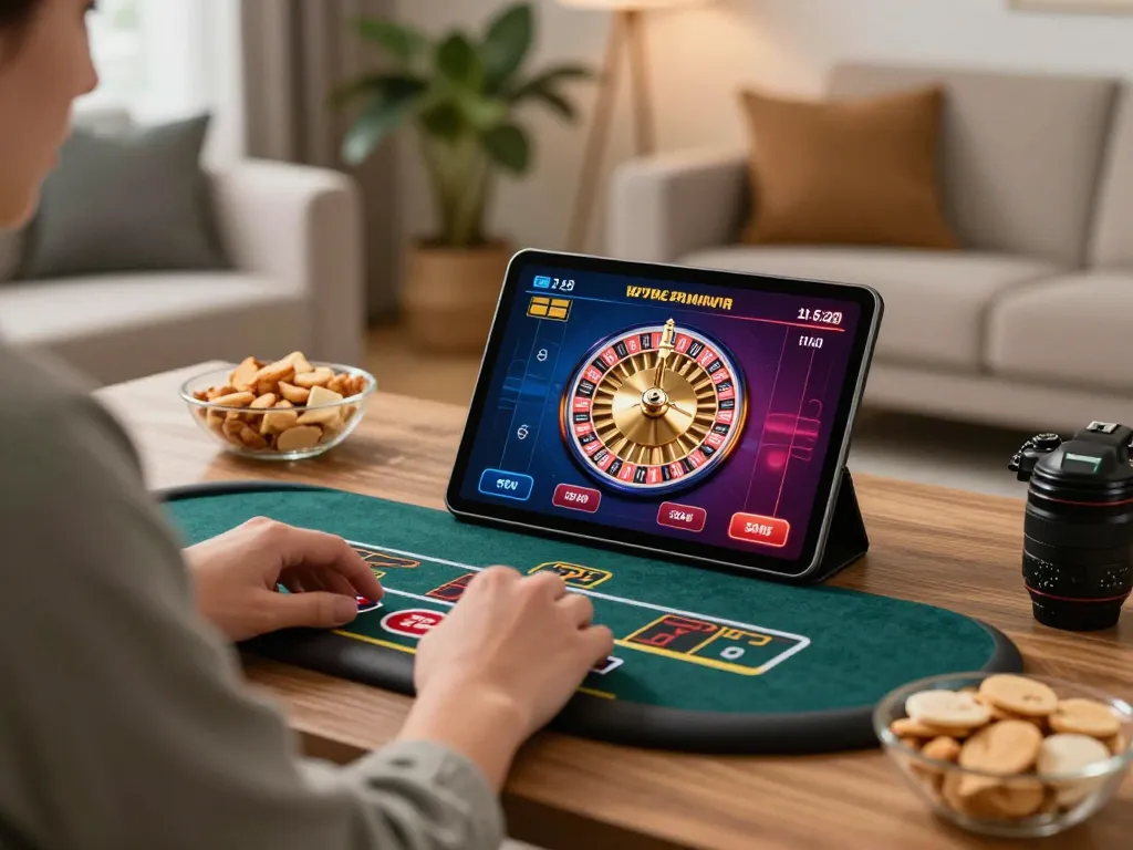 pub88 player enjoying live dealer game on a tablet in a cozy home setting