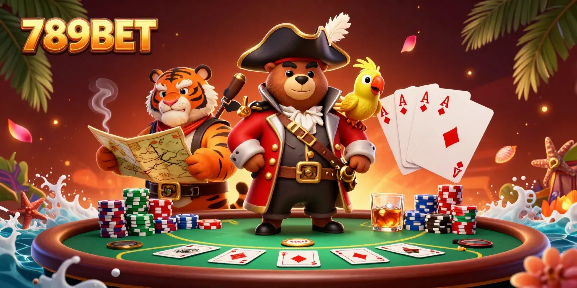 Experience thrilling poker action at 789BET with a 3D pirate-themed casino illustration.