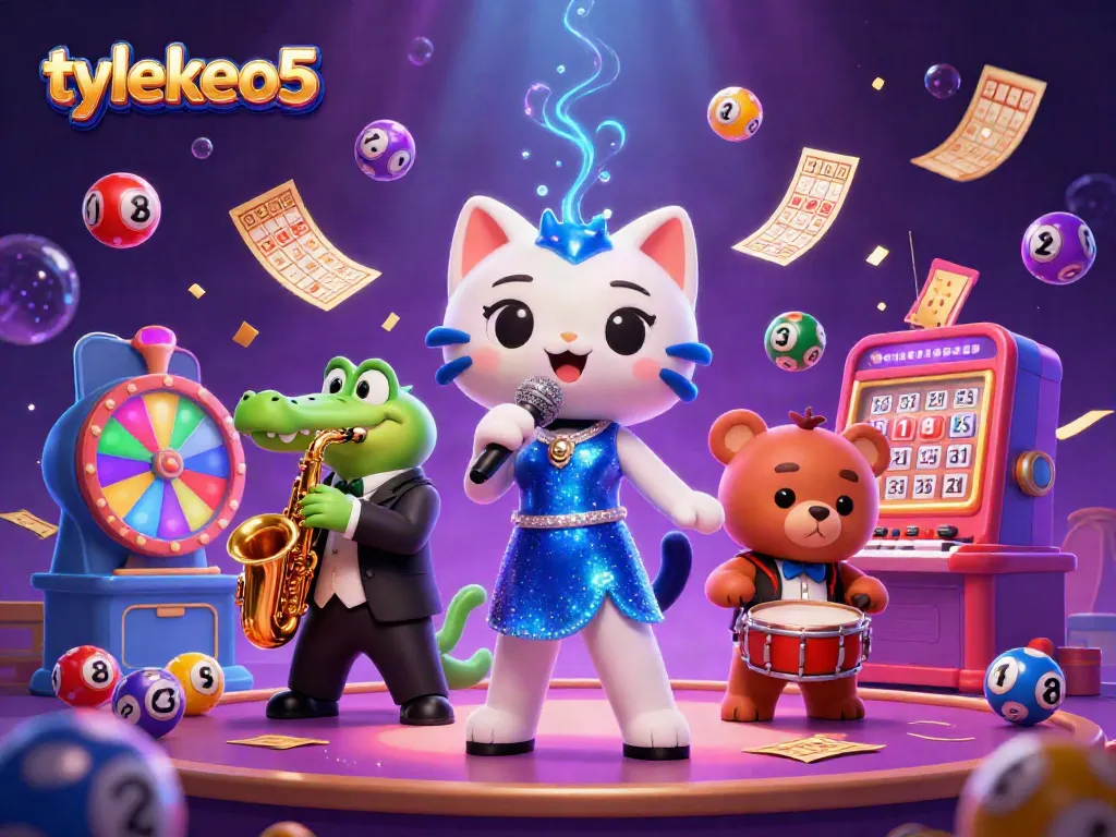 Engaging tylekeo5 casino scene with a jazz-singer cat, crocodile, and bear in vibrant action.