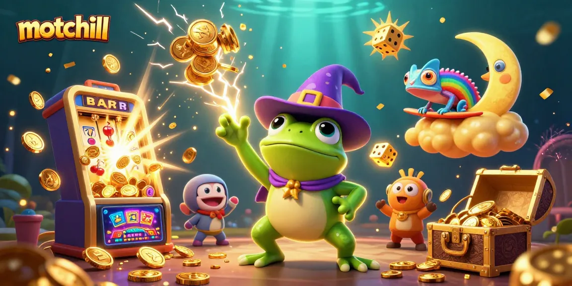 Motchill offers a thrilling gaming experience with a 3D rendering of a wizard frog amidst golden coins and casino elements.