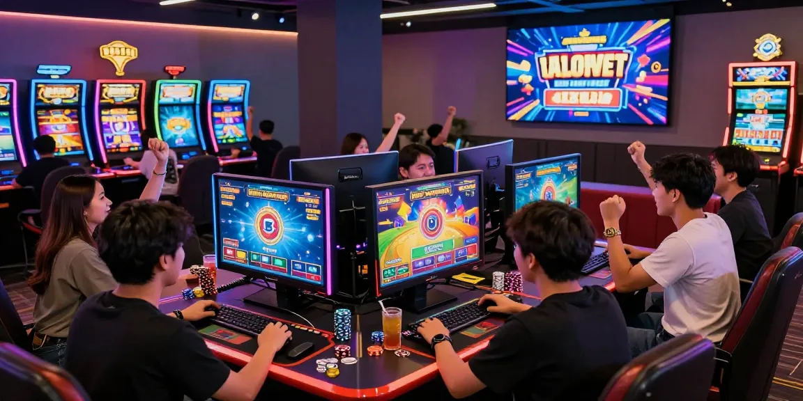 Players immersed in slot gacor games, celebrating wins with vibrant casino atmosphere.