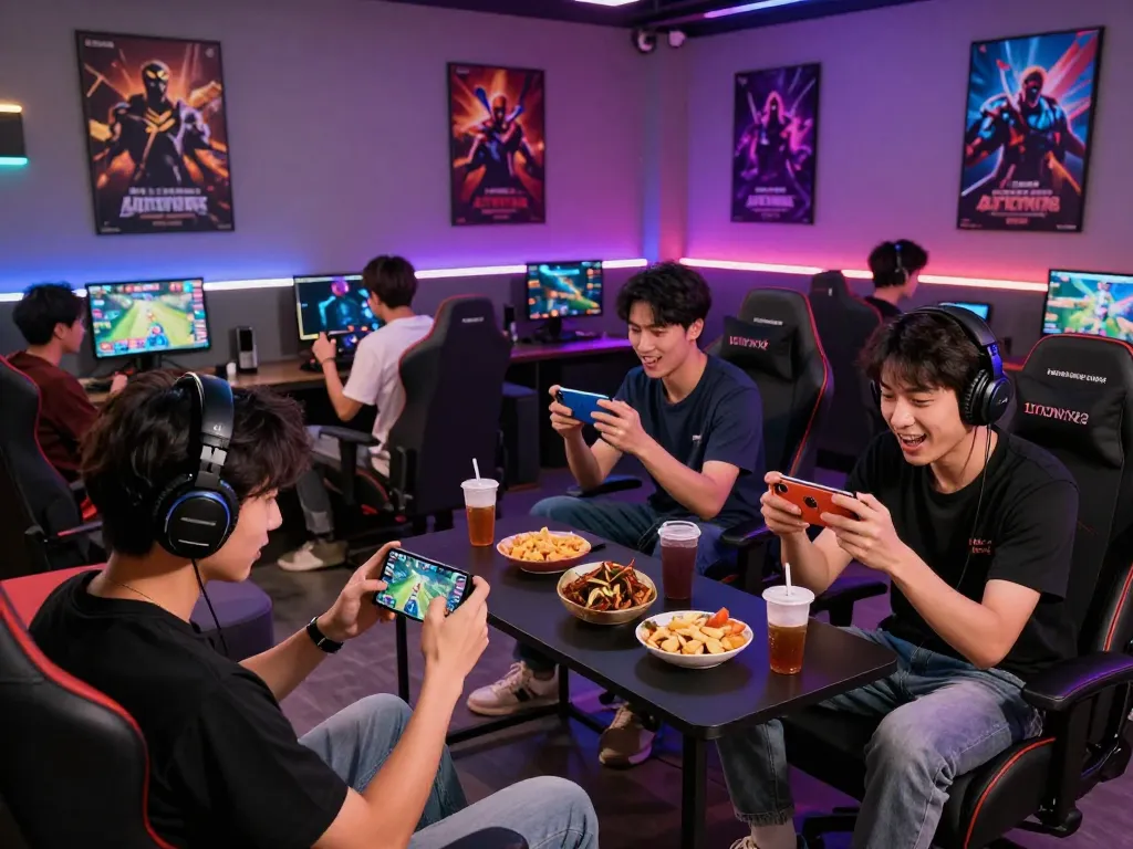 Group of gamers enjoying AUTOWIN88 mobile games in a vibrant gaming lounge.