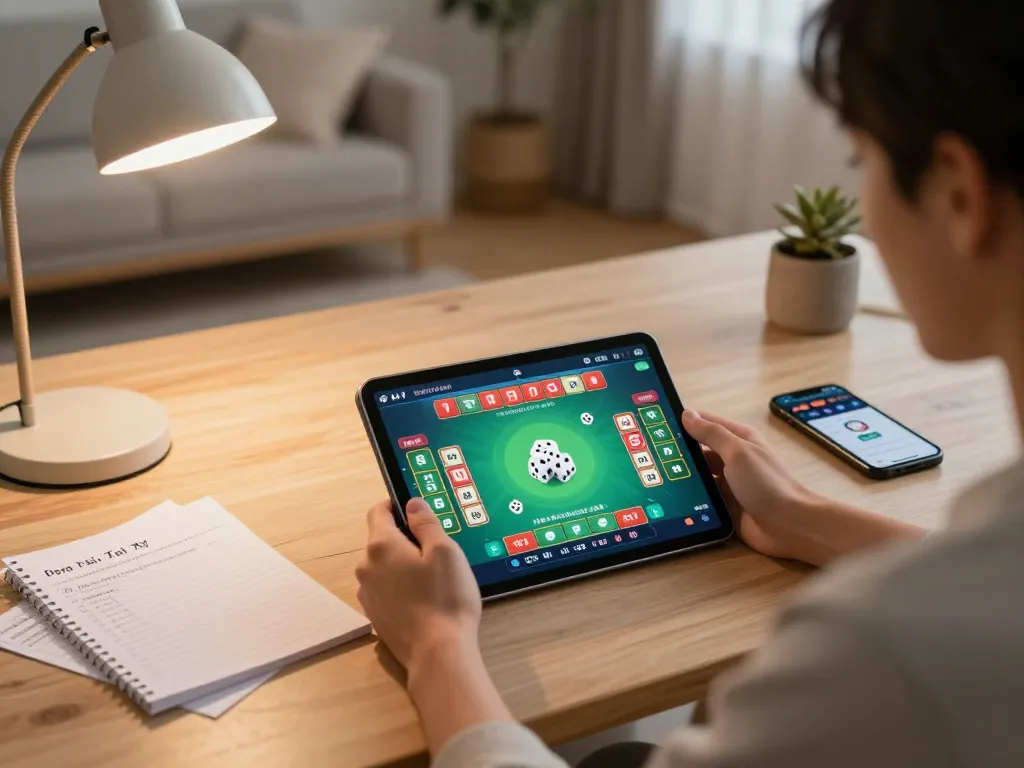 Engaged in online tai xiu gameplay using a tablet in a cozy home setting, highlighting responsible betting.