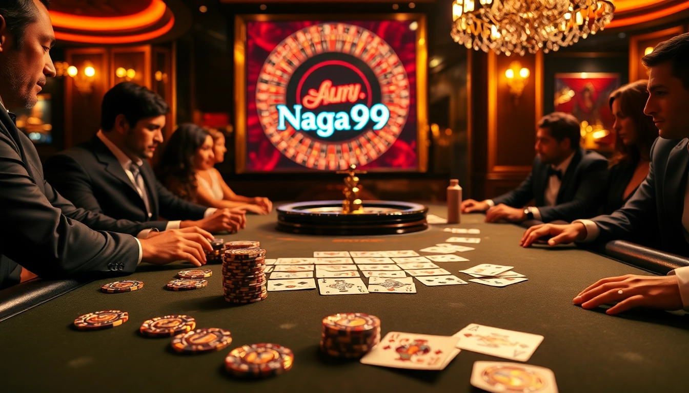 Naga99 gaming experience at a luxurious casino table with poker chips and cards.