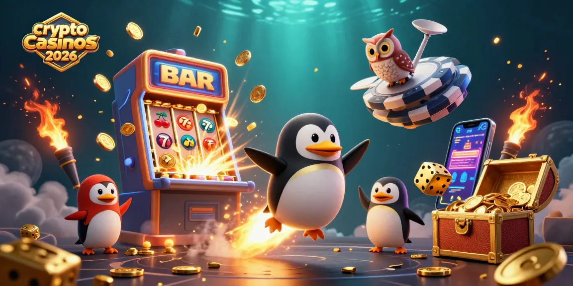 Illustration dynamique des crypto casinos 2026 avec un pingouin doré et des machines à sous.