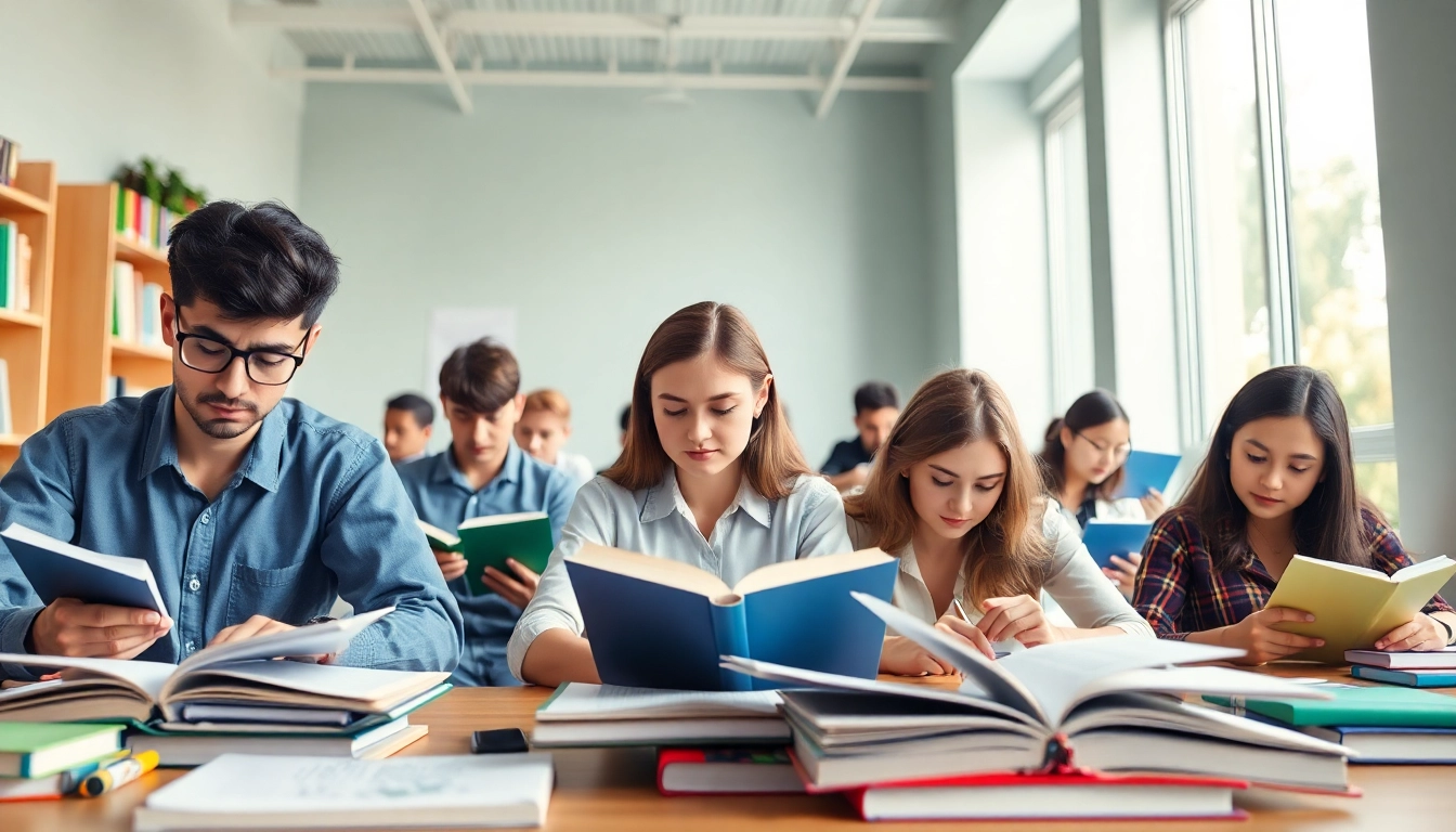 Students focused on exam assistance in a bright study environment with books and materials.