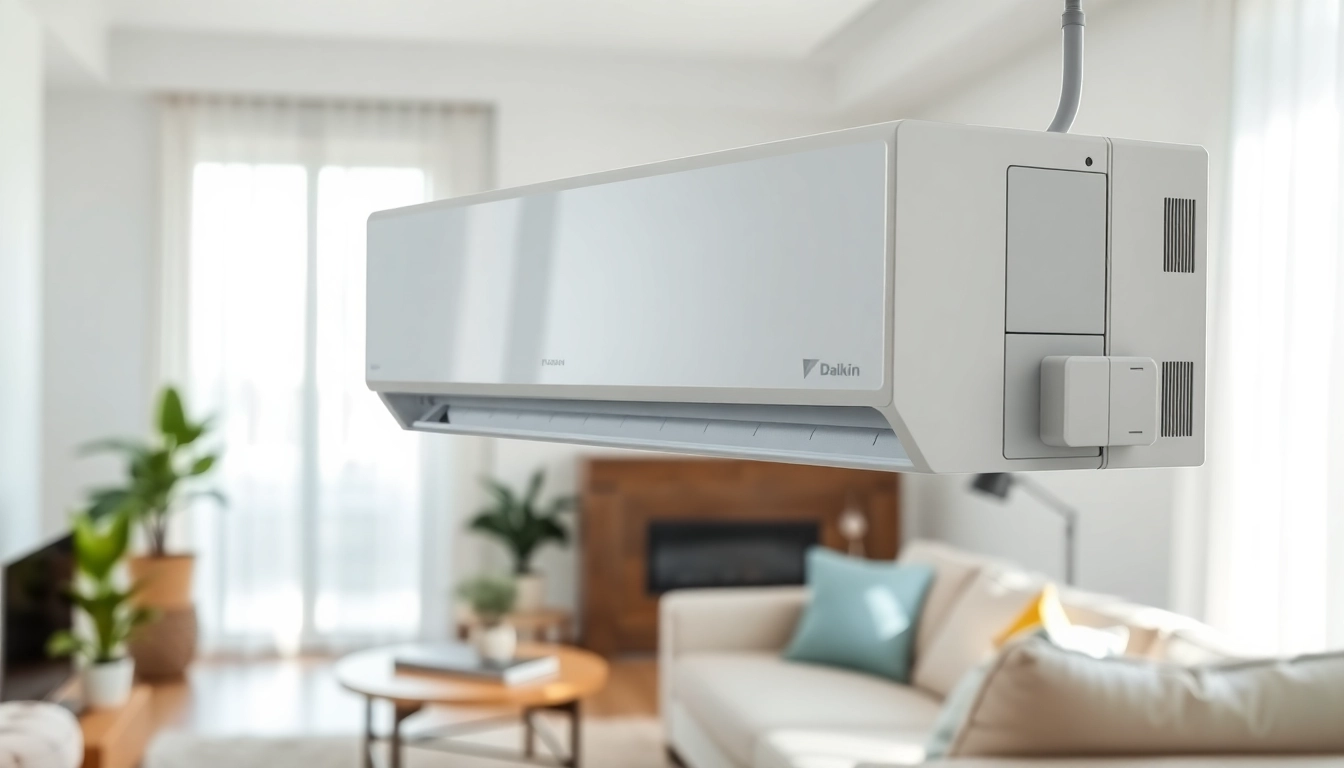 Efficient daikin mini split ac seamlessly integrated into a stylish living room design.