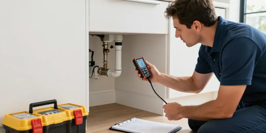 Professional leak detection & repair Sydney technician assessing plumbing quality in a modern kitchen with acoustic tools.