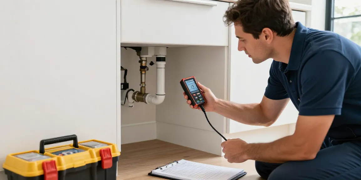 Professional leak detection & repair Sydney technician assessing plumbing quality in a modern kitchen with acoustic tools.
