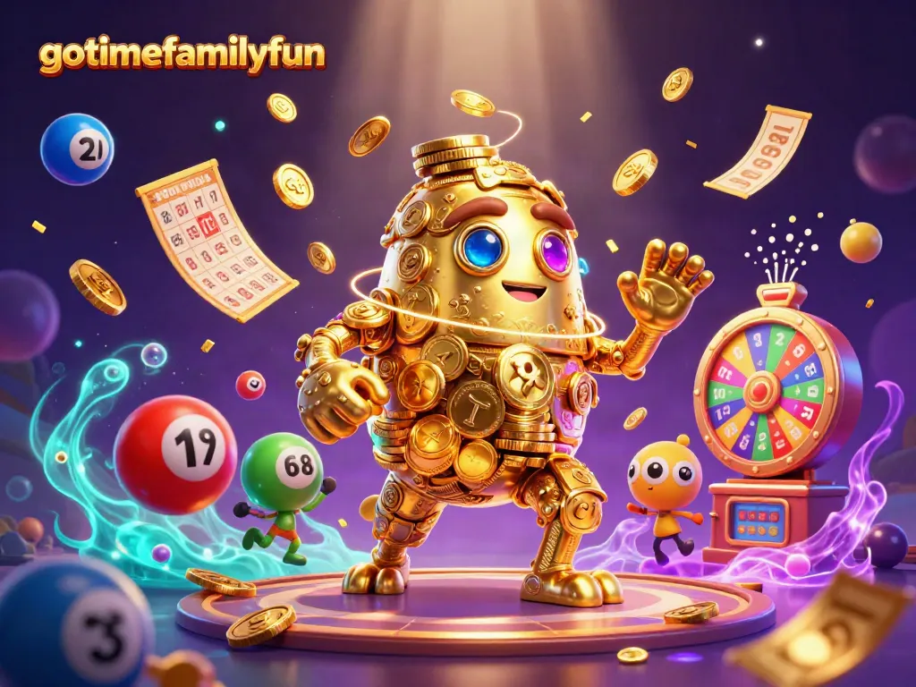Rasakan keajaiban bermain slot di gotimefamilyfun dengan mesin slot emas dan bola lotere berwarna-warni.