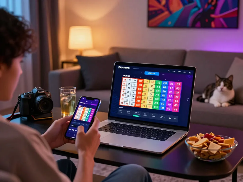 BAYITOTO gaming experience in a cozy living room with interactive Toto 4D platform showcased on a laptop.