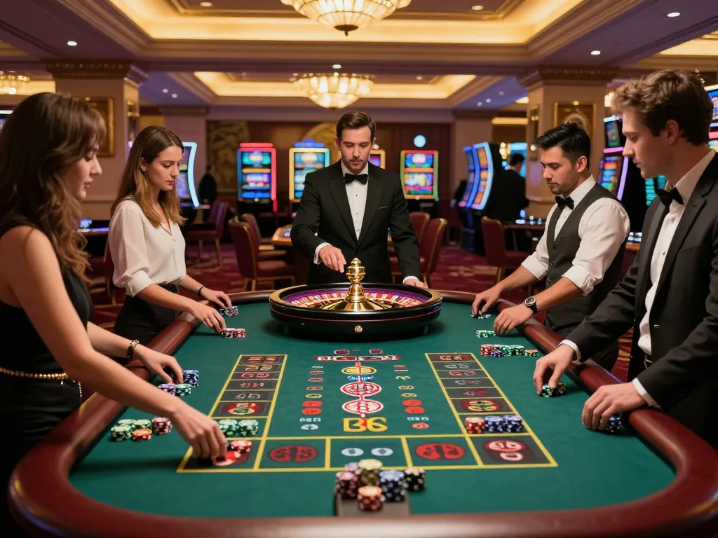 Players engaging in a thrilling roulette game at 388bet casino, vibrant atmosphere with dealer spinning wheel
