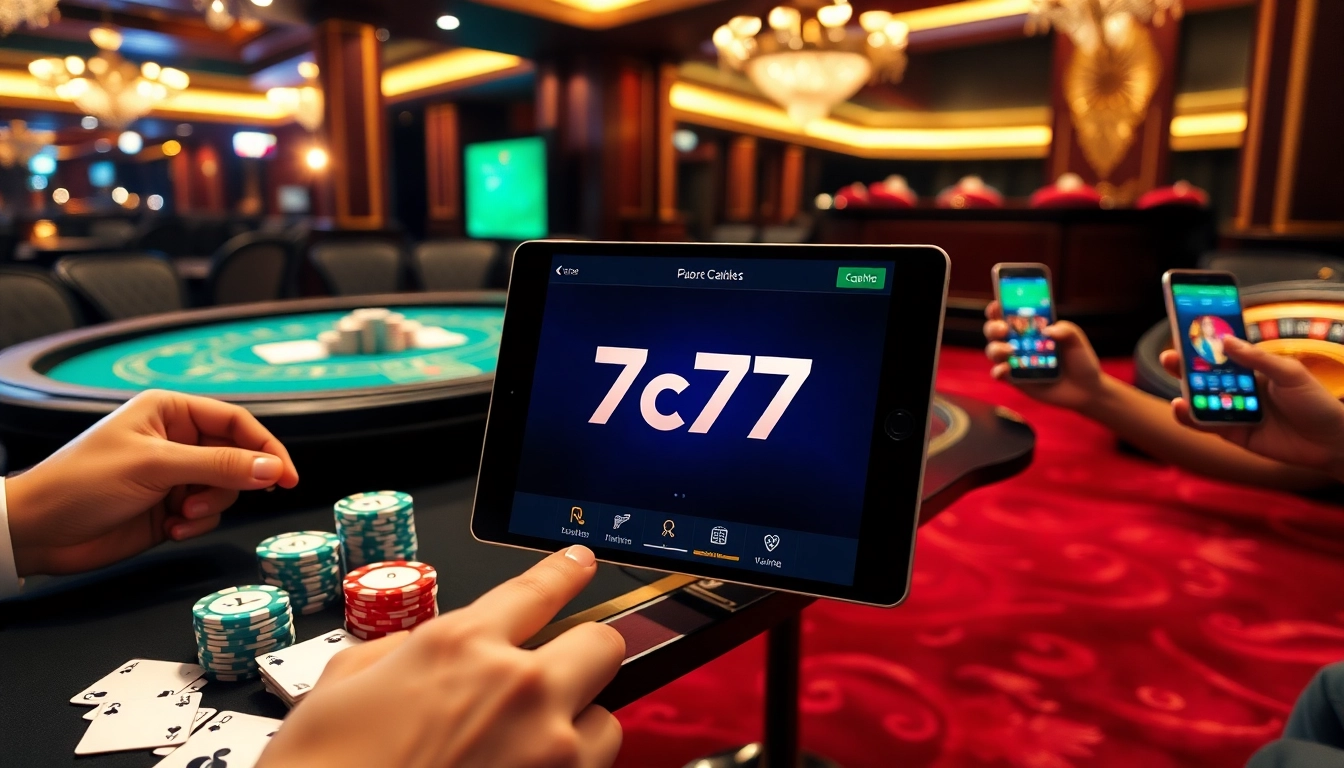 Engaging with the 7c77 app in a luxurious casino environment featuring poker chips and roulette.