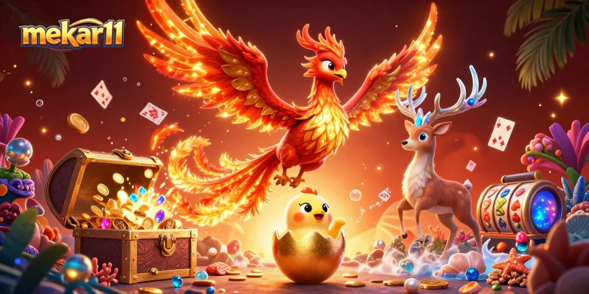 Experience the thrill of mekar11 with a vibrant casino scene featuring a phoenix and slot reels.