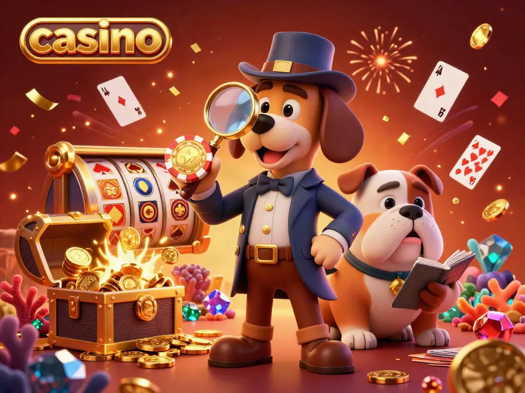 Detective bloodhound and Watson bulldog in a casino scene with poker chips and slot reels.
