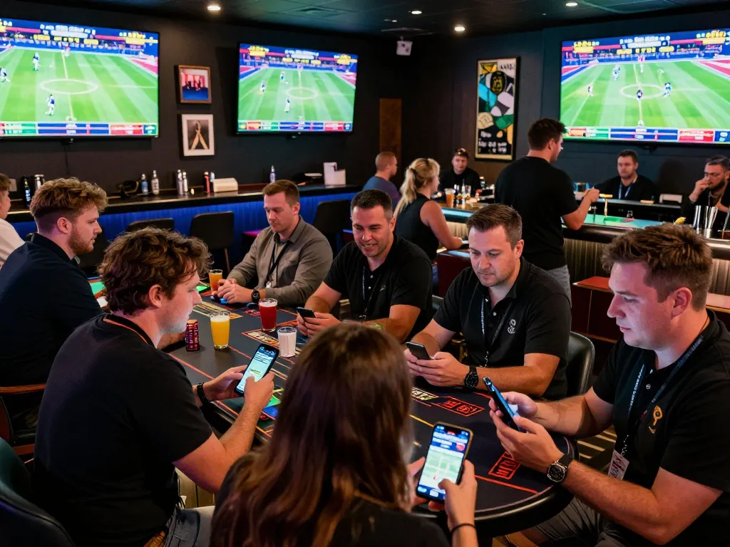 Sbobet users engaging in live sports betting action at a vibrant sportsbook lounge filled with excitement and strategies.