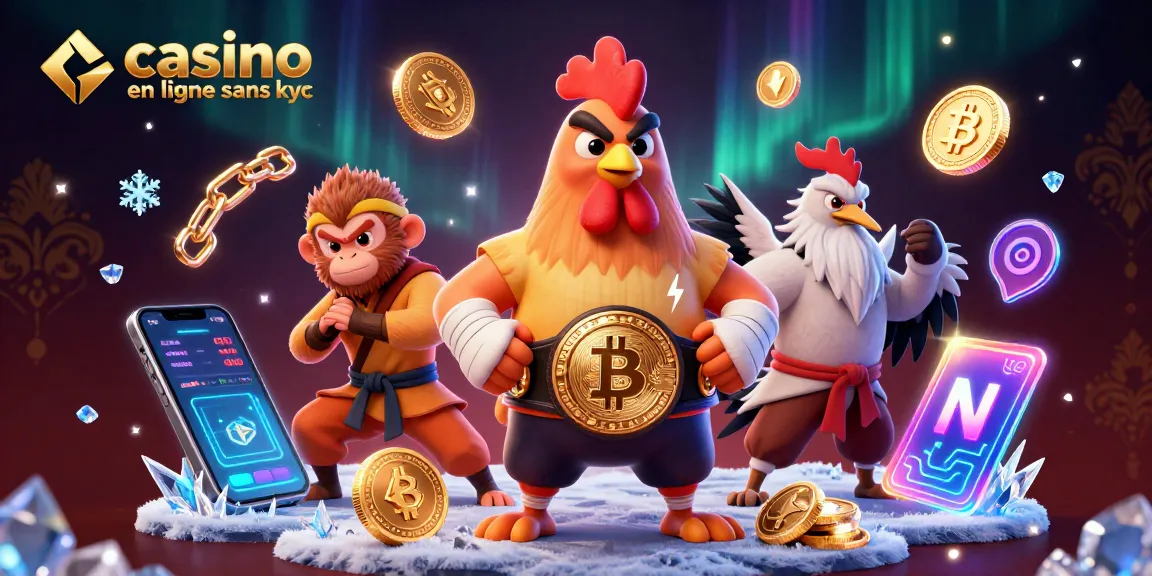Capturez l'essence des jeux avec un casino en ligne sans KYC, illustré par un combat vertueux entre un coq, un singe et une grue.