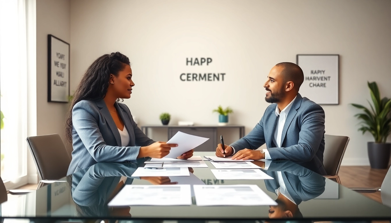 Couple engaging in discussion about Family Law Financial Agreements in a professional office.
