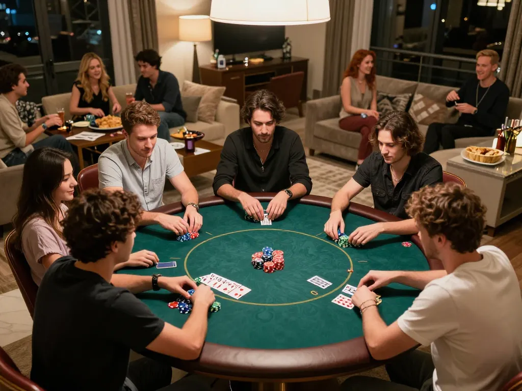 Home poker night with players enjoying strategic gameplay and vibrant poker chips.