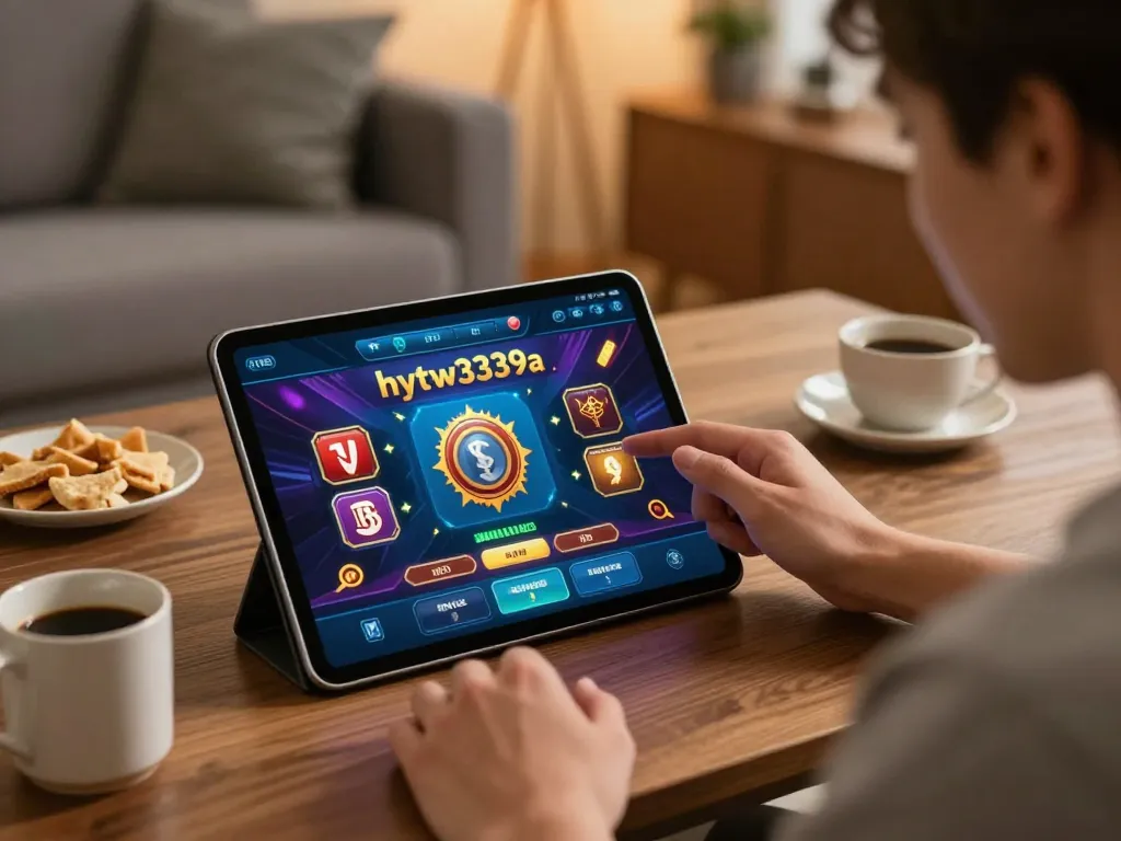 Player using the hytw3339a app for engaging online gaming experience on tablet with warm ambiance.
