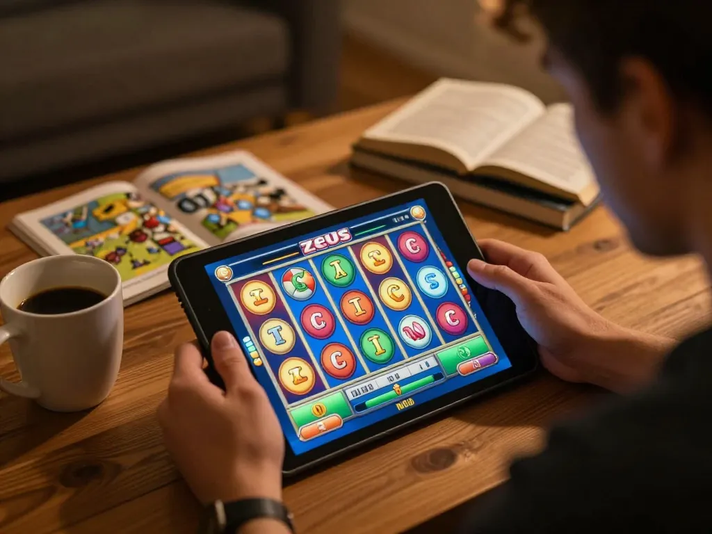 Pemain terlibat menggunakan tablet untuk bermain slot zeus dengan gulungan berwarna-warni dalam pengaturan permainan yang imersif