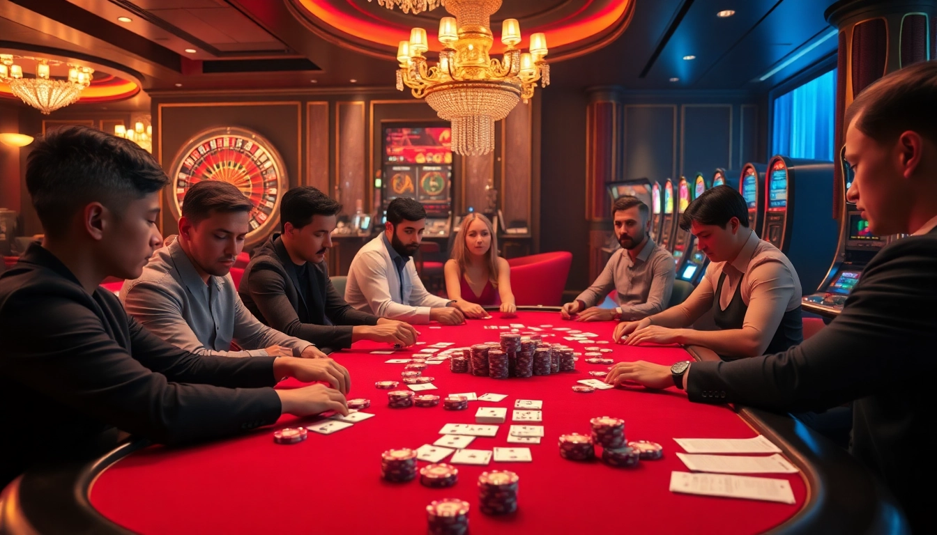 Engage in thrilling high-stakes poker at https://nk88net.com/ with a glamorous casino ambiance, featuring vibrant colors and intense players.