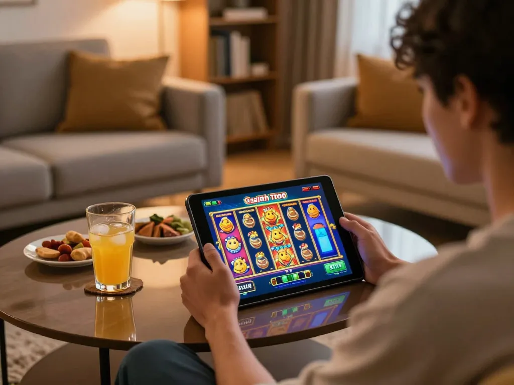Player enjoying gajah toto slot game on a tablet, relaxed home gaming atmosphere with snacks and drinks.