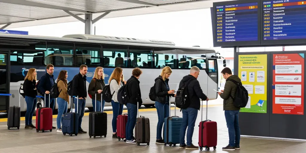 Transport Moldova Germania - călători așteptând la stația de autobuz internațional pentru bilete de transport.