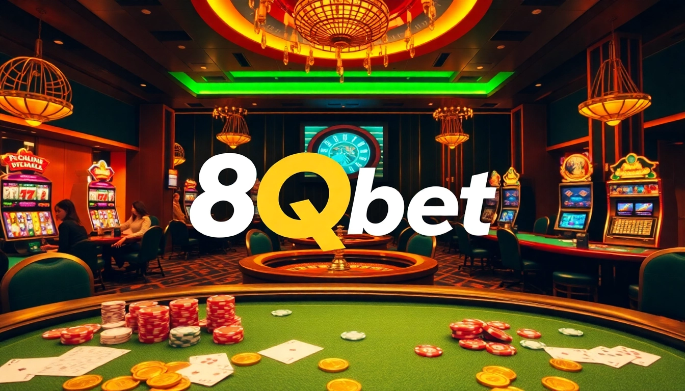 Players enjoying a game at 8qbet casino tables amidst a vibrant gambling atmosphere.