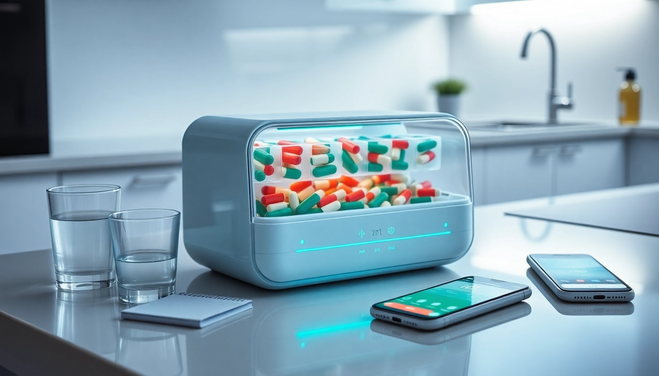 Automatic pill dispenser on a kitchen counter with health tracking elements.