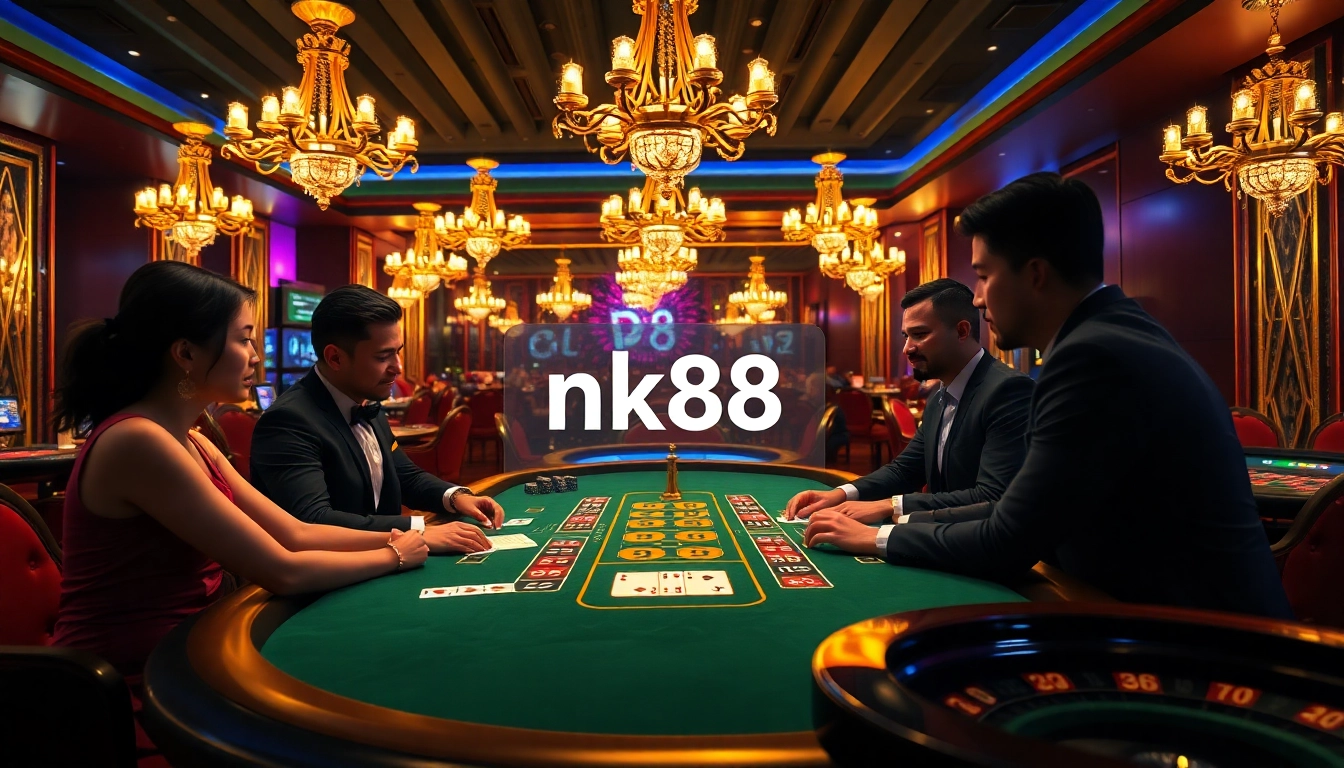 Gamblers strategizing at an upscale nk88 blackjack table, surrounded by excitement and luxury.