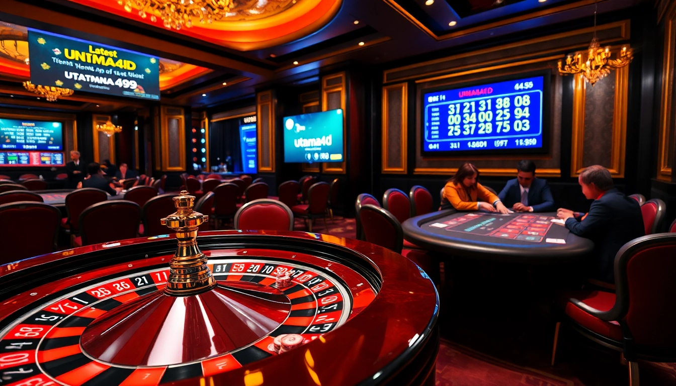 Para penjudi memasang taruhan di Utama4D dengan chip poker berwarna-warni di atas meja kasino mewah.