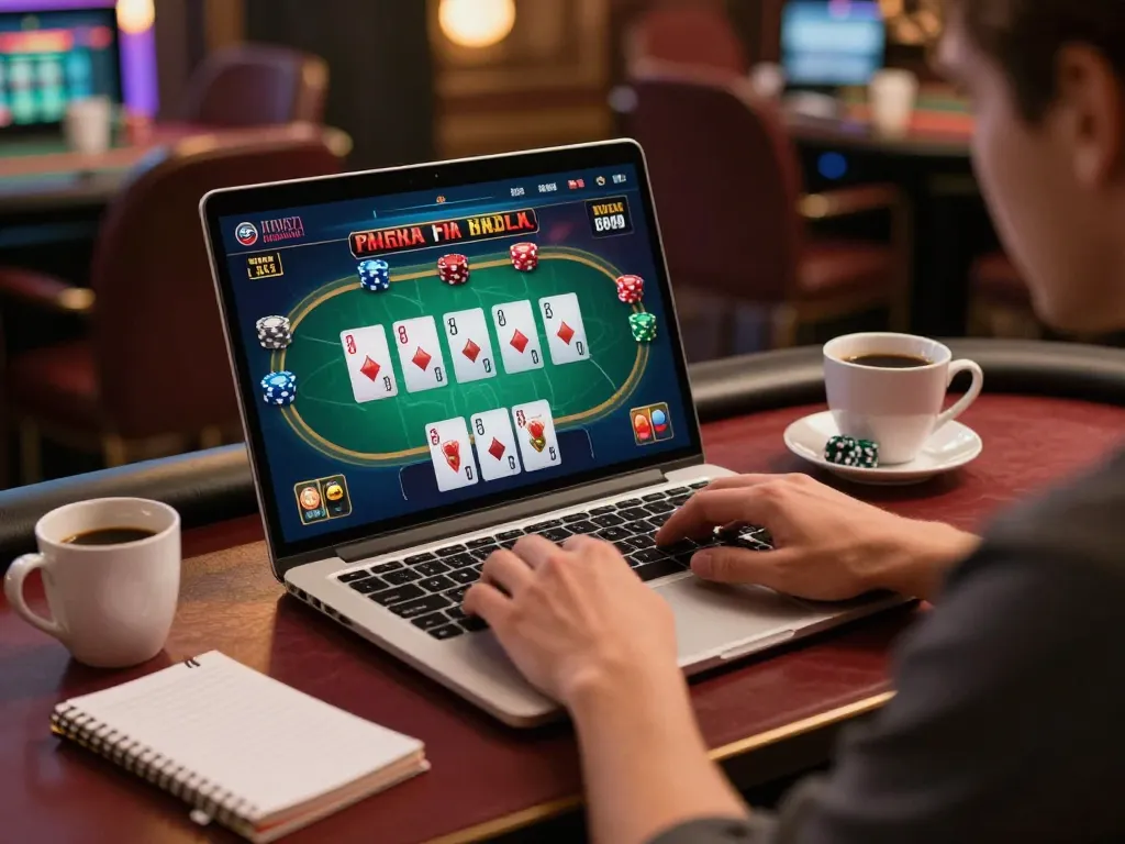 Engaged player using uu88ae online casino interface with vibrant poker elements on laptop
