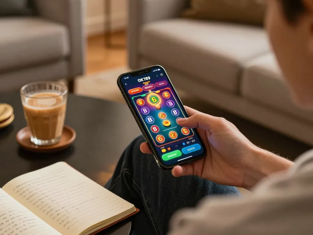Mobile betting with the OK789 app, enjoying a strategic gaming session at home.