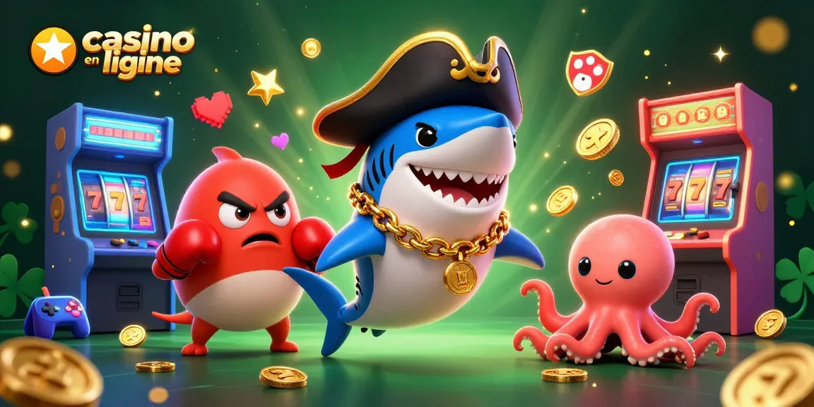 Casino en ligne avec des personnages 3D colorés et des machines à sous entourés de pièces d'or.