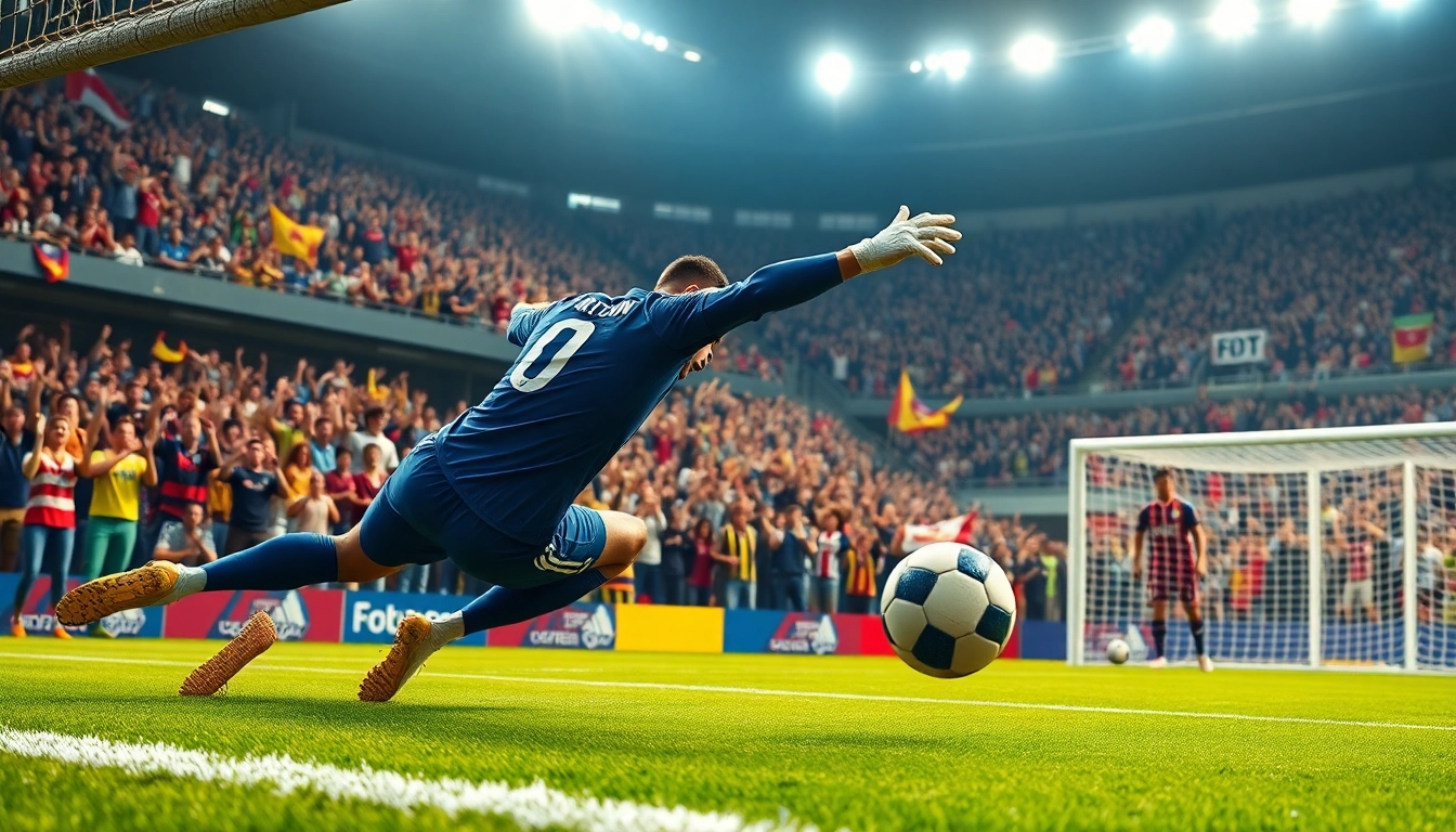 Goalkeeper performing a stunning save during a match, capturing the intensity of บอลโลกวันนี้.