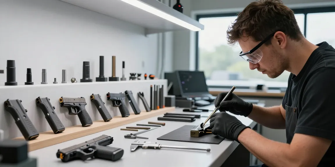 Custom Glock slides assembly at https://precisionglockslides.com in a professional automotive workshop, showcasing tools and craftsmanship.