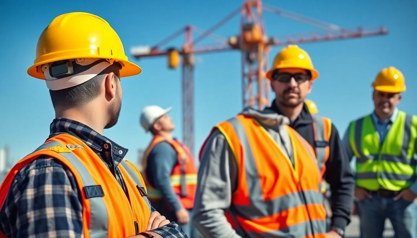 Workers demonstrating construction site safety as they engage in a safety briefing.