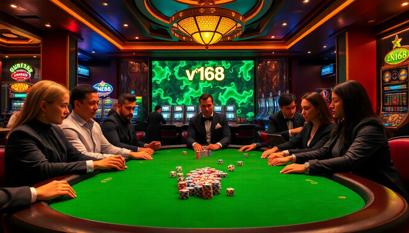 Engage in high-stakes poker at a luxurious casino, featuring vn168 themed decorations and dynamic gameplay.