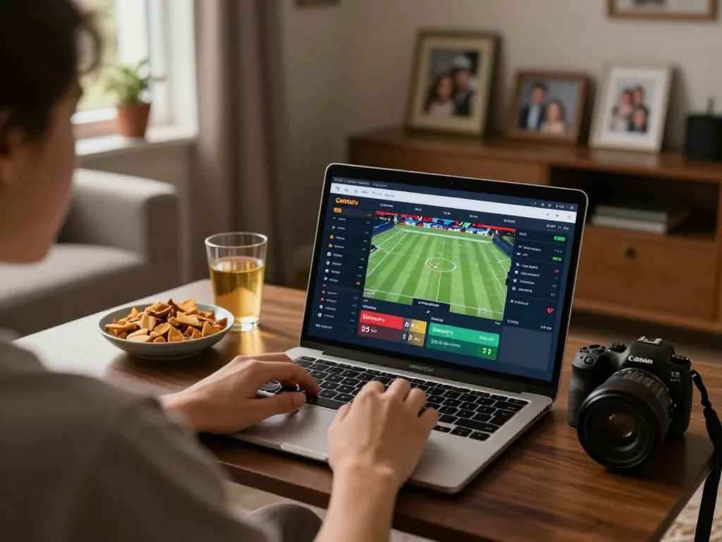 Cakhiatv user enjoying online sports betting on a laptop with snacks nearby in a cozy home setting.