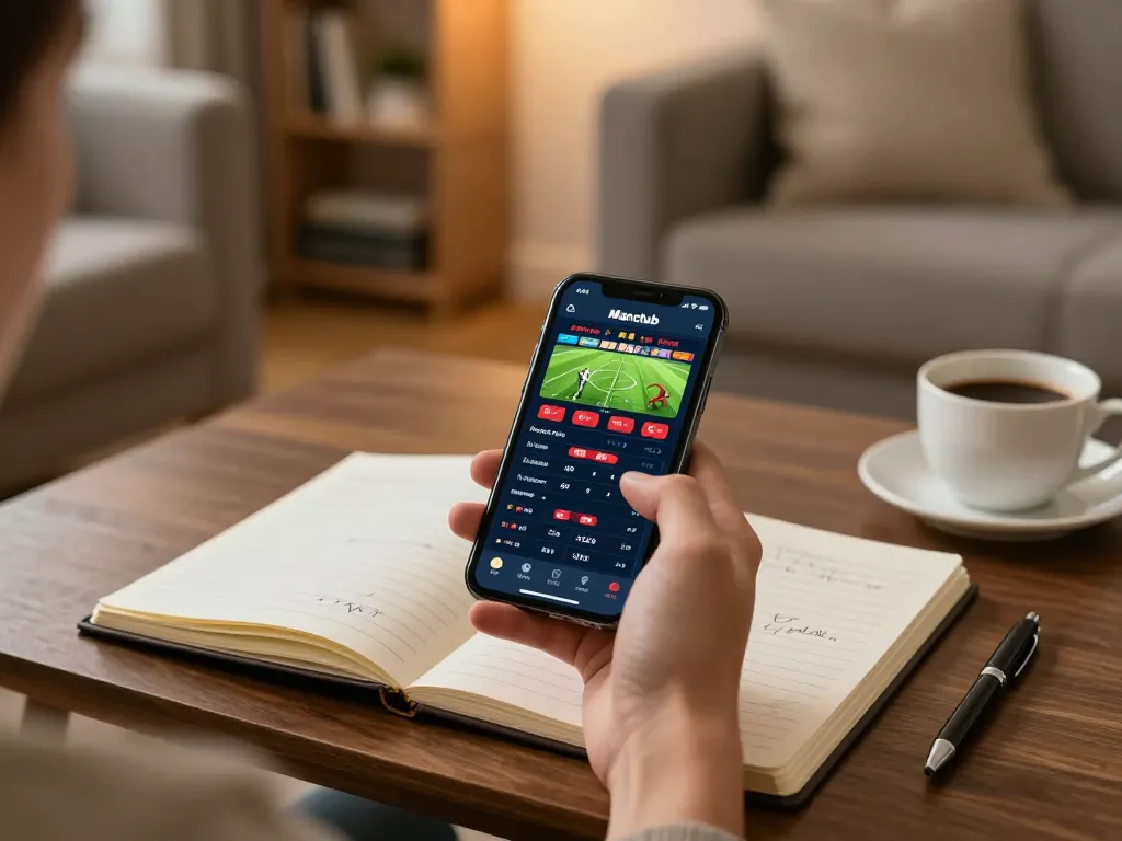 Engaging with the Manclub casino app for sports betting, showcasing a cozy home gaming setup.