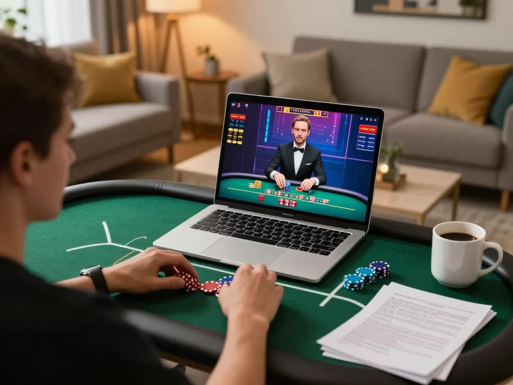 Player enjoying vipwin online gaming experience with live dealer interface, cozy home ambiance