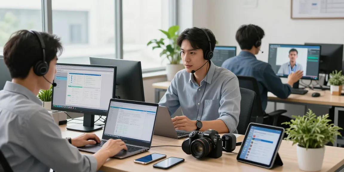 Small business IT support team collaborating effectively in a modern office.