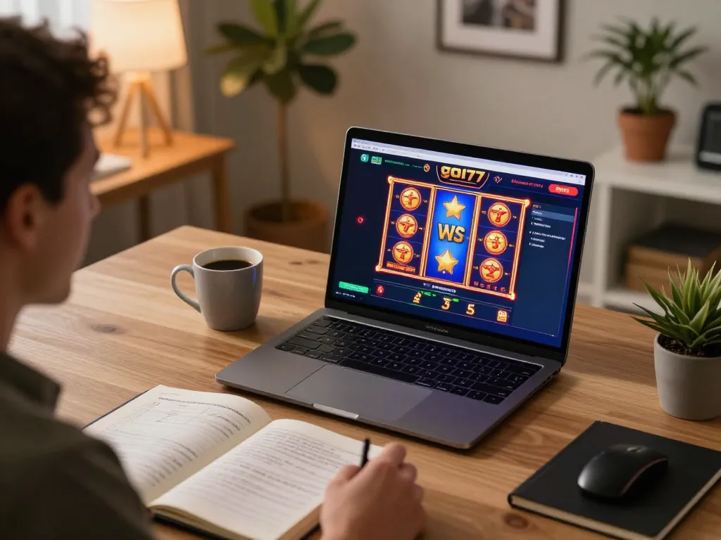 Player engaging in gori77 online casino with vibrant slot graphics in cozy home setting