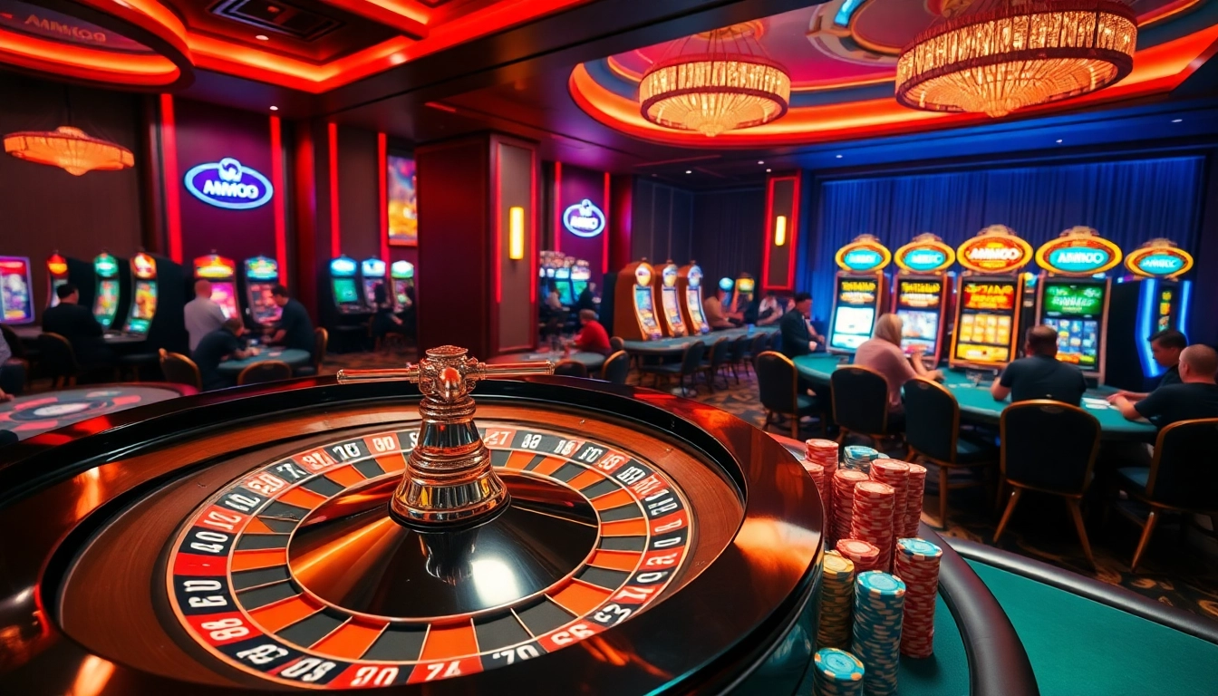 Experience the thrill of MMOO at an upscale casino featuring roulette, poker tables, and vibrant slot machines.