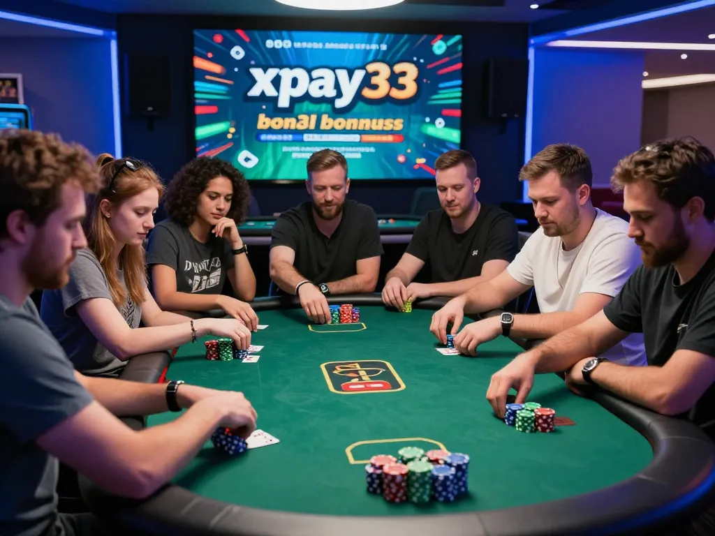Players enjoying xpay33 bonuses at vibrant casino table with promotional displays.